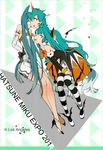  2girls anklet character_name crossed_legs elbow_gloves gloves green_eyes green_hair hatsune_miku high_heels jewelry long_hair multiple_girls orange_eyes striped striped_legwear suou thighhighs twintails very_long_hair vocaloid 