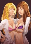  :3 absurdres blonde_hair bra brown_eyes brown_hair crossed_arms eye_contact hand_on_hip highres lips long_hair looking_at_another mugino_shizuri multiple_girls navel open_clothes open_shirt pink_bra purple_bra shirt shokuhou_misaki smile to_aru_kagaku_no_railgun to_aru_majutsu_no_index trait_connection underwear yellow_eyes yomu_(sgt_epper) 