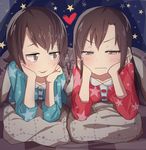  alternate_hairstyle blanket brown_eyes brown_hair futami_ami futami_mami hair_down hands_on_own_cheeks hands_on_own_face heart idolmaster idolmaster_(classic) laki lying multiple_girls on_stomach open_mouth pajamas pillow print_pajamas siblings sisters star star_print twins wavy_mouth 