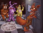  avian barefoot bear bird bonnie_(fnaf) bow canine chica_(fnaf) chicken dialog ear_piercing english_text female five_nights_at_freddy&#039;s fox foxy_(fnaf) freddy_(fnaf) hat lagomorph male mammal nini piercing rabbit text 