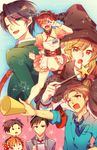  4boys armband asahina_mikuru asahina_mikuru_(cosplay) black_hair blonde_hair blue_eyes blue_hair bow brown_eyes brown_hair cape cosplay crossdressing dress gekkan_shoujo_nozaki-kun hair_bow hat highres hori_masayuki kashima_yuu koizumi_itsuki koizumi_itsuki_(cosplay) maid_headdress mikoshiba_mikoto multiple_boys multiple_girls nagato_yuki nagato_yuki_(cosplay) necktie nozaki_umetarou one_eye_closed orange_hair polka_dot polka_dot_bow red_hair sakura_chiyo seo_yuzuki shiroto_iku sparkle star suzumiya_haruhi_no_yuuutsu v_over_eye wakamatsu_hirotaka wand witch_hat yellow_eyes 