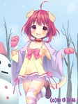  :d ahoge animal_ears bare_tree casual collar dog_ears dog_tail dress hair_ornament hairclip looking_at_viewer mittens open_mouth original panties red_eyes red_hair see-through short_hair smile snowman solo standing standing_on_one_leg striped striped_legwear tail thighhighs tree underwear usashiro_mani yellow_dress 