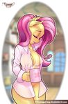  alpha_channel anthro big_breasts breasts clothing coffee creamygravy cup cutie_mark equine eyes_closed female fluttershy_(mlp) friendship_is_magic fur hair hi_res hooves horse inside long_hair mammal mrwes326 my_little_pony outline pink_hair pony solo standing yellow_fur 