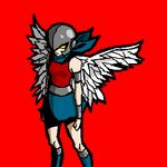  1girl angel_(dc) blue_shoes blue_skirt boots cartoon_network dc_comics helmet lowres okayu red_background red_shirt shirt shoes simple_background skirt solid_eyes solo standing teen_titans vambraces wings yellow_eyes 