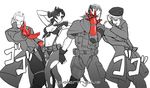  3boys beret bikini_top breasts cyborg daniel_macgregor eyepatch facial_hair finger_gun front-tie_bikini front-tie_top hat jojo_no_kimyou_na_bouken jojo_pose kazuhira_miller load_bearing_vest long_coat mechanical_arm medium_breasts metal_gear_(series) metal_gear_solid_v mullet multiple_boys mustache pantyhose parody pose quiet_(metal_gear) revolver_ocelot sideboob spot_color sunglasses torn_clothes torn_legwear venom_snake 