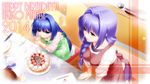  2girls baking batter birthday birthday_cake blue_eyes blue_hair blush braid cake food from_above fruit hair_intakes hair_over_shoulder happy_birthday highres kanon kitchen long_hair mature milk minase_akiko minase_nayuki mother_and_daughter multiple_girls purple_hair single_braid skirt smile strawberry wallpaper younger zen 