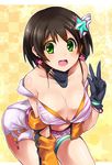  bad_id bad_pixiv_id black_hair breasts cleavage gloves green_eyes hair_ornament harada_miyo highres idolmaster idolmaster_cinderella_girls large_breasts open_mouth paopao solo star strap_slip 