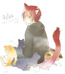  animal_ears cat cat_day cat_ears cat_tail dated free! from_behind full_body looking_back male_focus matsuoka_rin red_eyes red_hair solo tail tame 