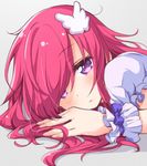  close-up hair_ornament houjou_sophie long_hair looking_at_viewer lying on_stomach parted_lips pretty_(series) pripara purple_eyes red_hair solo tokunou_shoutarou wrist_cuffs 