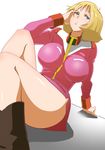  bad_id bad_pixiv_id blonde_hair blue_eyes boots breasts gundam highres impossible_clothes impossible_shirt large_breasts mobile_suit_gundam sakamoto_(shouten) sayla_mass shirt short_hair solo thighs 
