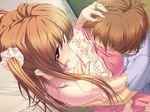  1boy 1girl between_breasts blush brown_hair game_cg hand_on_head head_between_breasts mikami_toune nanase_meruchi purple_eyes shu_ni_majiwareba_akaku_naru 