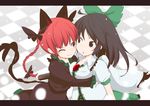  :3 :o ahoge animal_ears arm_cannon black_dress black_hair bow braid breasts brown_hair cat_ears cat_tail collarbone cuddling dress extra_ears face-to-face hair_bow hair_ribbon hug huggle kaenbyou_rin long_hair looking_at_another medium_breasts multiple_girls multiple_tails nekomata one_eye_closed open_mouth pointy_ears puffy_short_sleeves puffy_sleeves red_eyes red_hair reiuji_utsuho ribbon shirt short_sleeves smile tail third_eye touhou twin_braids upper_body weapon yukihiko_(sky_sleep) 