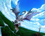  blue_sky claws cloud cloudy_sky day fangs flying forest gen_1_pokemon green_eyes ho4 mega_aerodactyl mega_pokemon nature no_humans pokemon pokemon_(creature) sky smoke solo spikes volcano wings 