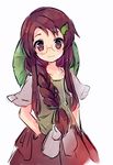  alternate_hairstyle bow braid brown_eyes brown_hair futatsuiwa_mamizou futatsuiwa_mamizou_(human) glasses hair_bow hair_ornament hair_over_shoulder hands_in_pockets leaf leaf_on_head long_hair looking_at_viewer sen1986 shirt short_sleeves side_braid simple_background single_braid skirt smile solo touhou vest white_background 