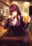  1girl alcohol bangs beer beer_mug black_bra blurry blurry_background bottle bra breasts brown_hair brown_jacket brown_legwear brown_skirt ceiling_light cleavage closed_mouth collarbone collared_shirt commentary_request cup depth_of_field eyebrows_visible_through_hair fate/grand_order fate_(series) fingernails foam formal hair_between_eyes hands_up head_tilt highres holding holding_cup indoors jacket large_breasts long_hair long_sleeves looking_at_viewer mallizmora mug pantyhose red_eyes scathach_(fate)_(all) scathach_(fate/grand_order) shirt sitting skirt skirt_suit smile solo suit underwear very_long_hair white_shirt 