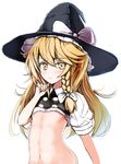  blonde_hair bottomless bow braid flat_chest hat hat_bow highres kirisame_marisa long_hair marisayaka navel out-of-frame_censoring puffy_short_sleeves puffy_sleeves shirt shirt_lift short_sleeves single_braid solo touhou witch_hat yellow_eyes 