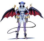  anklet armor astaroth_(shinrabanshou) bad_id bad_pixiv_id bangs bare_shoulders black_sclera blue_hair blue_leotard blue_skin boots bracelet breasts bridal_gauntlets cleavage demon_girl demon_horns demon_tail demon_wings detached_collar earrings faulds full_body grin hair_between_eyes hands_on_hips heart heart_earrings high_heel_boots high_heels highleg highleg_leotard horns jewelry large_breasts leotard long_hair long_pointy_ears looking_at_viewer midriff nail_polish navel navel_cutout pink_nails pointy_ears purple_footwear purple_legwear red_wings shadow shino_(comic_penguin_club) shinrabanshou shoulder_armor sideboob simple_background slit_pupils smile solo spaulders spikes standing strapless strapless_leotard tail thighhighs turtleneck very_long_hair white_background wings yellow_eyes 