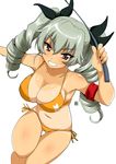  alternate_breast_size anchovy aoi_manabu armband bikini blush breasts brown_eyes cleavage drill_hair girls_und_panzer hair_ribbon large_breasts long_hair orange_bikini ribbon side-tie_bikini silver_hair simple_background smile solo swimsuit tan tanline twin_drills twintails 
