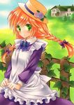  anne_of_green_gables anne_shirley bow braid brown_hair building freckles grass green_eyes hair_bow hair_ribbon hat kingin_shishou long_hair looking_at_viewer low_twintails marker_(medium) ribbon solo traditional_media twin_braids twintails 