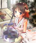  ahoge apron bad_food bare_shoulders blue_eyes brown_hair censored censored_food chize cushion detached_sleeves flipped_hair gloves hair_ornament hairband headgear hiei_(kantai_collection) holding indoors japanese_clothes kantai_collection looking_at_viewer mosaic_censoring nontraditional_miko oven_mitts short_hair smoke solo tatami 