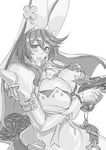  blush breast_lift breasts cleavage dress earrings elphelt_valentine gloves greyscale guilty_gear guilty_gear_xrd gun hat huge_breasts jewelry long_hair m_hito monochrome solo trigger_discipline veil weapon 