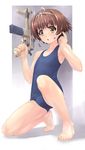  :o barefoot brown_eyes brown_hair feet gun handgun headset highres legs mao_(6r) mauser_c96 microphone one-piece_swimsuit one_knee original school_swimsuit short_hair solo swimsuit trigger_discipline weapon 