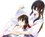  akagi_(kantai_collection) brown_hair closed_eyes fan holding_hands japanese_clothes kaga_(kantai_collection) kantai_collection lap_pillow long_hair mosuke multiple_girls paper_fan side_ponytail simple_background sleeping uchiwa yellow_eyes 