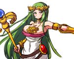  1girl armpits bare_shoulders belt bracer breasts cleavage dress female green_eyes green_hair hair_ornament huge_breasts jewelry kid_icarus long_hair lots_of_jewelry necklace palutena simple_background solo source_request staff standing umigarasu_(magipro) white_background 
