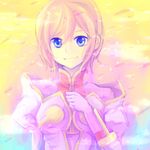  blue_eyes coat estellise_sidos_heurassein gloves pink_hair sagami_rina short_hair smile solo tales_of_(series) tales_of_vesperia yellow_background 