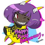  ;) anniversary antennae artist_name artist_request bob_cut chibi dark_skin dynatron_(mighty_no._9) grin mighty_no._3 mighty_no._9 no_feet official_art one_eye_closed purple_hair red_eyes robot sharp_teeth short_hair smile solo teeth 