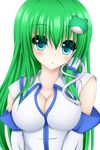  blue_eyes blush breast_squeeze breasts chestnut_mouth cleavage detached_sleeves frog_hair_ornament green_hair hair_ornament head_tilt highres impossible_clothes impossible_shirt kochiya_sanae large_breasts long_hair looking_at_viewer open_mouth shirt simple_background snake_hair_ornament solo tapisuke touhou upper_body white_background 