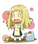  1girl apron blonde_hair chibi denki-gai_no_hon'ya-san food hair_ornament hairclip highres hiotan holding ice_cream lino-lin long_hair looking_at_viewer md5_mismatch open_mouth solo sweatdrop 