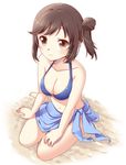  barefoot bikini breasts brown_eyes brown_hair cleavage full_body ichijou_hotaru large_breasts long_hair mitsuki_meiya navel non_non_biyori o-ring o-ring_top sand sarong side_ponytail sitting smile solo swimsuit white_background 