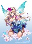  arm_garter bare_shoulders barefoot breasts bug butterfly cleavage copyright_name dress fairy_wings flower hair_flower hair_ornament insect iris_(soccer_spirits) kneeling large_breasts official_art parted_lips pointy_ears soccer_spirits solo tob wings 