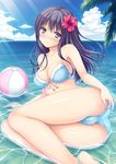  ass bad_id bad_pixiv_id ball bangs bare_arms bare_shoulders beach beachball bikini black_hair blue_eyes blush breasts cameltoe cleavage collarbone covered_nipples day eyebrows_visible_through_hair flower hair_flower hair_ornament hibiscus highres horizon long_hair looking_at_viewer lying medium_breasts nakamura_sumikage ocean on_side original outdoors smile solo swimsuit water 