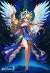  angel anklet bare_shoulders barefoot blonde_hair blue_dress copyright_name dress feathered_wings fingerless_gloves gloves green_eyes halo jewelry latios_(soccer_spirits) long_hair looking_at_viewer night night_sky official_art parted_lips sky soccer_spirits solo star_(sky) star_trail tob very_long_hair white_wings wings wristband 