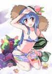  :d alternate_costume arm_up armpits bikini blue_bikini blue_hair blush bracelet breasts cleavage food frilled_bikini frills fringe_trim fruit hat hinanawi_tenshi jewelry long_hair looking_at_viewer navel o-ring o-ring_bottom open_mouth partially_submerged peach puuakachan red_eyes revision sandals sitting sketch small_breasts smile solo straw_hat swimsuit touhou wariza watermelon 
