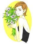  bare_shoulders black_dress blue_eyes bouquet brown_hair celandine character_request colored_eyelashes dress expressionless eyelashes flower freckles half-closed_eyes ping_pong_(manga) short_hair simple_background solo upper_body yellow_background 