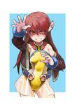  animal_ears bare_shoulders bracelet brown_hair facial_tattoo grin highres jacket jewelry kousaku leotard long_hair looking_at_viewer open_clothes open_jacket pose smile solo tattoo yellow_eyes yellow_leotard 