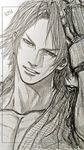  bad_id bad_twitter_id character_name face graphite_(medium) greyscale hand_in_hair highres ken_masters male_focus monochrome smile solo street_fighter traditional_media yoshihara_motoki 