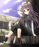  eyebrows_visible_through_hair grey_hair guilty_crown hand_behind_head highres long_hair looking_at_viewer purple_eyes shoes smile sogaya solo tsugumi_(guilty_crown) 