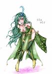  1girl bare_shoulders boots breasts cleavage detached_sleeves final_fantasy final_fantasy_iv green_hair high_heel_boots high_heels lipstick long_hair makeup rydia solo thigh_boots thighhighs 