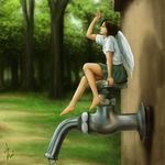  artist_name barefoot brown_hair day ebi_(eeotoko) fairy faucet feathered_wings feathers grass highres legs minigirl original outdoors short_hair signature skirt solo tree valve water_drop wings 