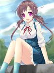  :d aomi_isara breasts brown_hair eyebrows_visible_through_hair hair_ribbon highres koi_to_senkyo_to_chocolate large_breasts long_hair looking_at_viewer low_twintails open_mouth purple_eyes ribbon school_uniform sitting smile sogaya solo twintails underbust 
