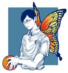  black_hair blue_background bug butterfly butterfly_wings buttons celandine crescent emblem glasses insect male_focus monochrome paddle ping_pong_(manga) simple_background solo spot_color standing table_tennis_paddle tsukimoto_makoto upper_body wings 