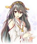 bad_id bad_twitter_id bare_shoulders black_hair brown_eyes cup detached_sleeves hairband haruna_(kantai_collection) japanese_clothes kantai_collection kawata_hisashi long_hair looking_at_viewer nontraditional_miko open_mouth plate ribbon-trimmed_sleeves ribbon_trim smile solo teacup 