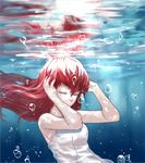  bare_shoulders bubble closed_eyes dress long_hair mono_(dongxuyi147) original red_hair reflection solo underwater white_dress 