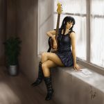  akiyama_mio artist_name bass_guitar breasts collarbone crossed_legs curtains dress ebi_(eeotoko) highres hime_cut instrument k-on! long_hair medium_breasts paper pencil plant potted_plant signature sitting solo tiny_head 