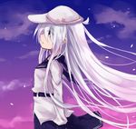  1girl azuuru_(azure0608) blue_eyes cloud from_side hat hibiki_(kantai_collection) kantai_collection long_hair school_uniform serafuku side silver_hair skirt sky solo verniy_(kantai_collection) 