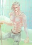  amputee artificial_legs bathtub cane double_amputee grey_hair jean_pierre_polnareff jojo_no_kimyou_na_bouken keita_miso long_hair male_focus prosthesis prosthetic_leg scar shirtless solo 